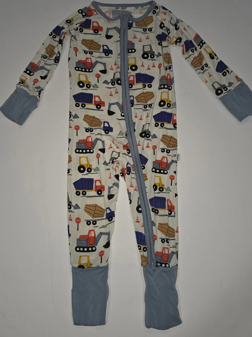 Little Sleepies Construction Truck Print One-Piece Footie with Blue Trim 6-12 Mo